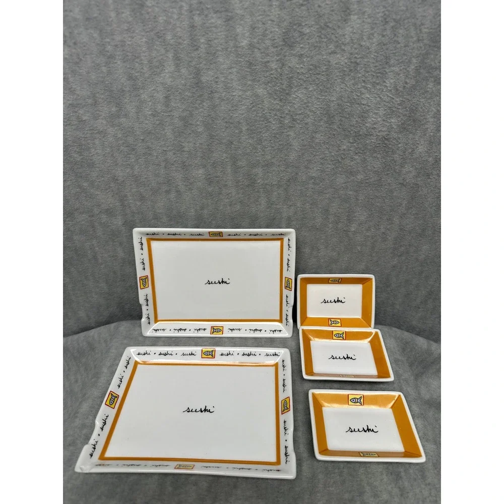 VTG Joie De‎ Vivre Sushi Serving Set 5pc White Yellow Fish Pattern Plates